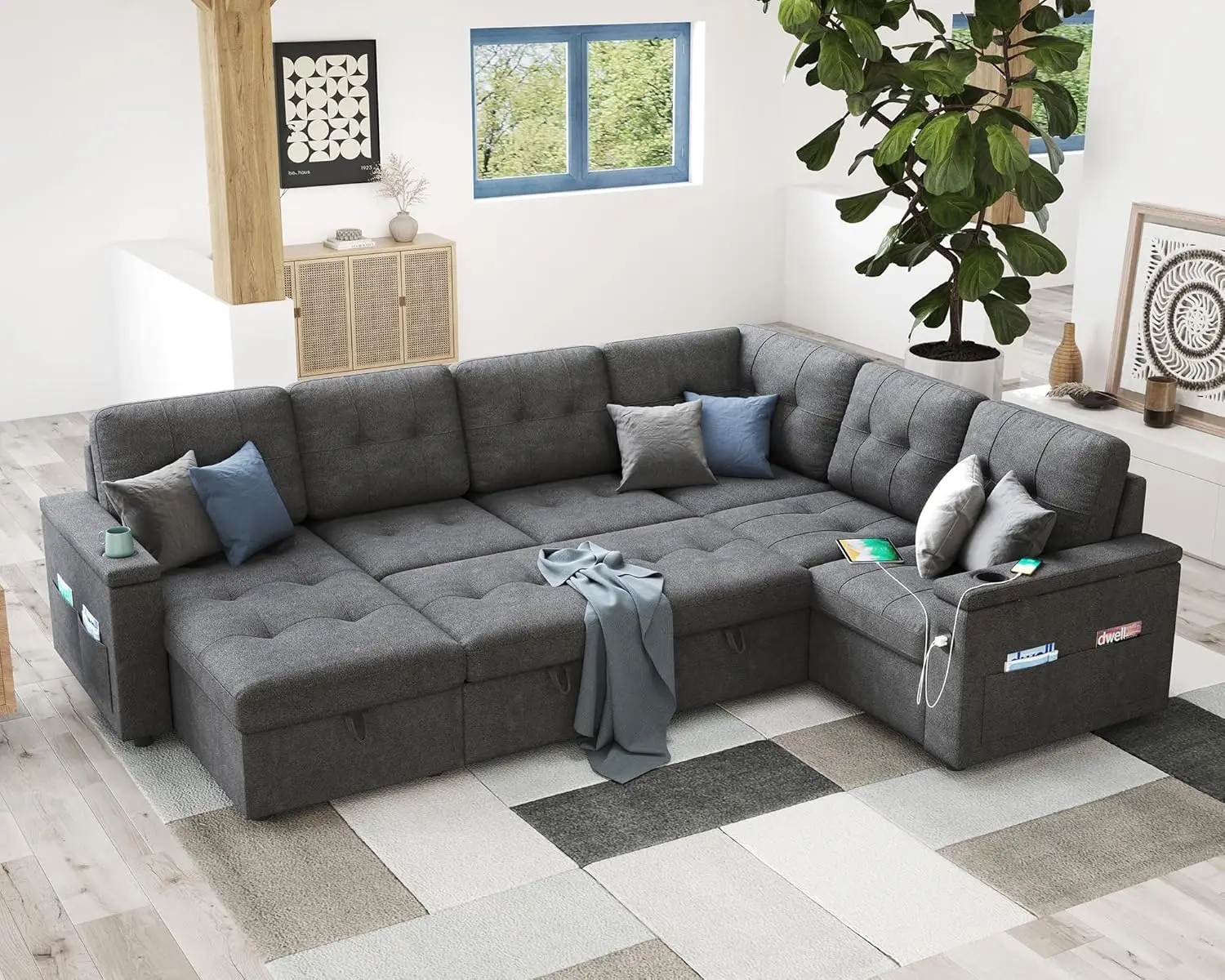 Sleeper Sofa, Pull Out Sofa Bed with Dual Storage Chaise, Sofa Bed with USB Ports & Cup Holders