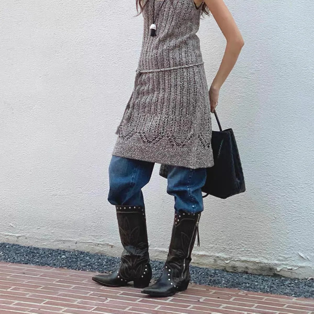 New All  Seasons Women's Vintage Embroidered Knee High Boots Rivet Decoration Pointed Toe Chunky Heel Western Cowboy Rider Boots