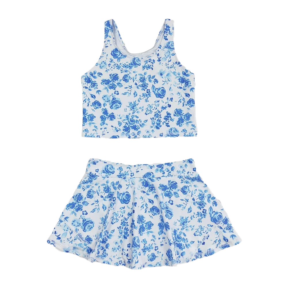 

GSD0995Baby Girls Summer Yoga Outfits Sleeveless blue flower top skirt girls summer clothes