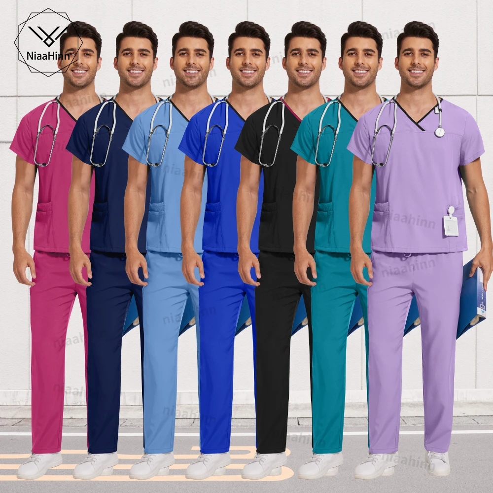 

High Quality V-Neck Short Sleeves Unisex Nursing Scrub Fashion Workwear Uniform Wholesales Hospital Doctor Nurse Scrub Women Men