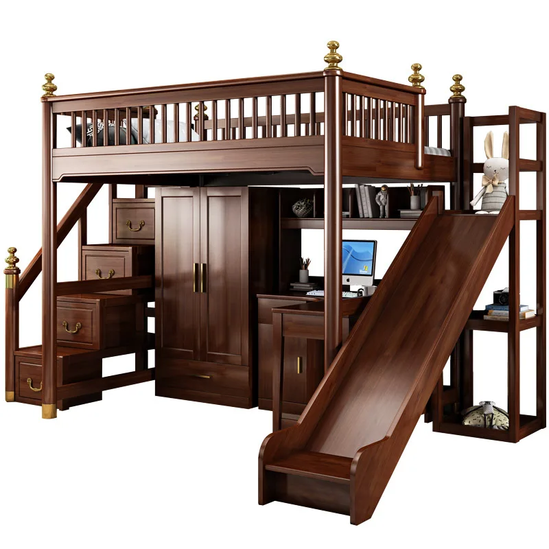 

Solid wood 1.8 meters space with study table cloakroom high and low bed wardrobe elevated double bed