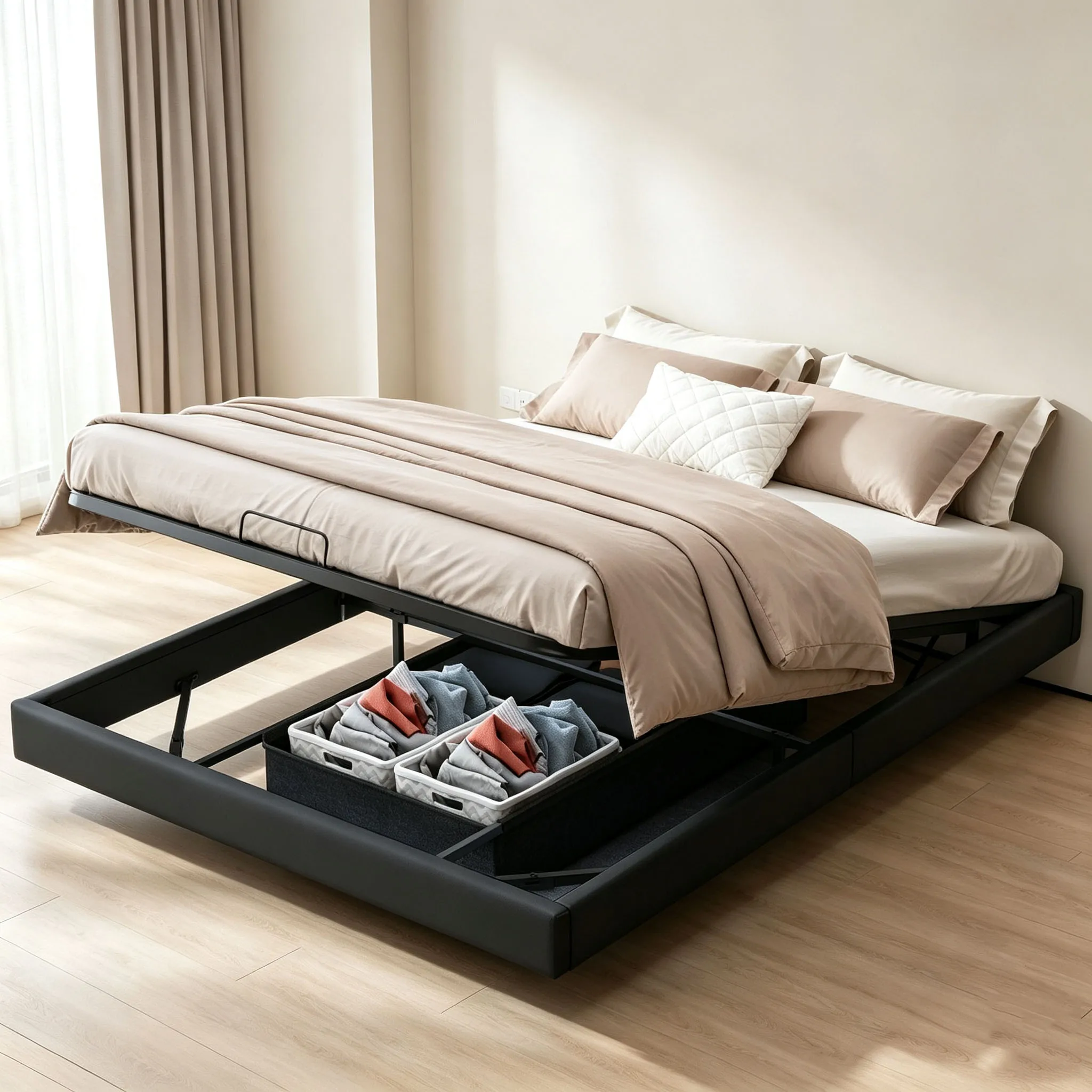 Superaly, hydraulisches Bettgestell mit Stauraum, 160 x 200 cm, schwarzes Plattformbett mit Stauraum unter dem Bett, schwebendes Doppelbett, für Schlafzimmermöbel.
