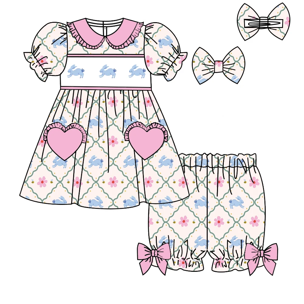 Hot sale Easter set for girls collared short-sleeved top shorts elastic bunny and egg print perfect for girls' Easte outfits
