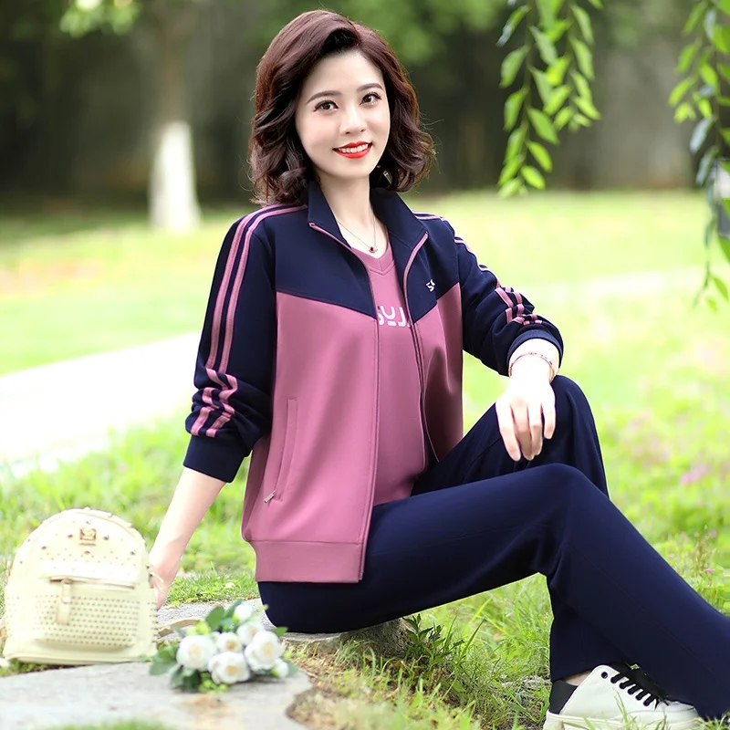 

Комплект спортивной одежды для женщин среднего возраста Ele: повседневный костюм для активного отдыха из хлопка и полиэстера, состоящий из длинных брюк и топа на молнии