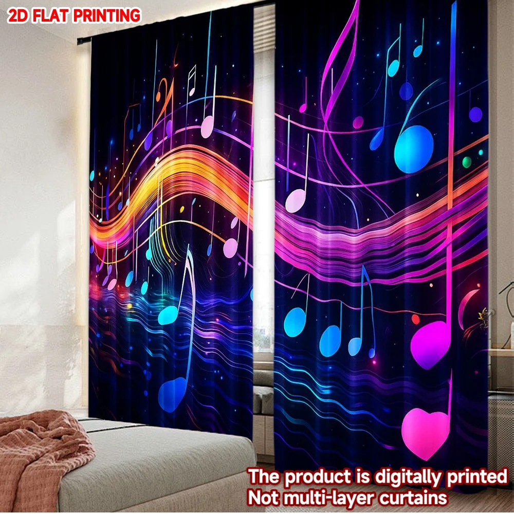 2D-Flachdruck, 2 Stück, Vorhänge, Gitarrenmusiknotizen, digital bedruckte Polyester-Vorhänge, Familienparty, Verwendung für Urlaub, Heimdekoration und Geschenke