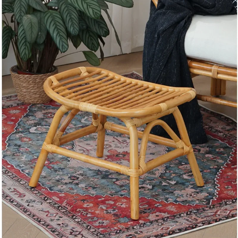 Retro Versatile Changing Shoe Stool Rattan Weaving Foot Chair Living Room Sofa Pedal Seat Stable Load Bearing Hallway Ottoman