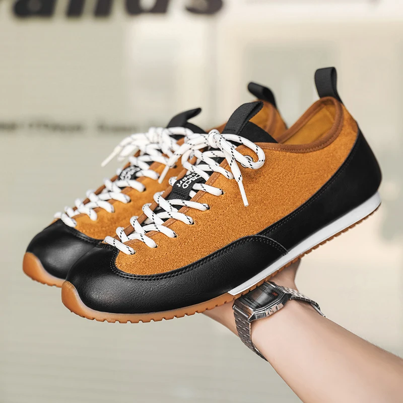 2027 Fashion Genuine Leather Men Sneakers Retro German Training Shoes Flat Laced Up Casual Shoes Splice Soft Flats Shoes for Men