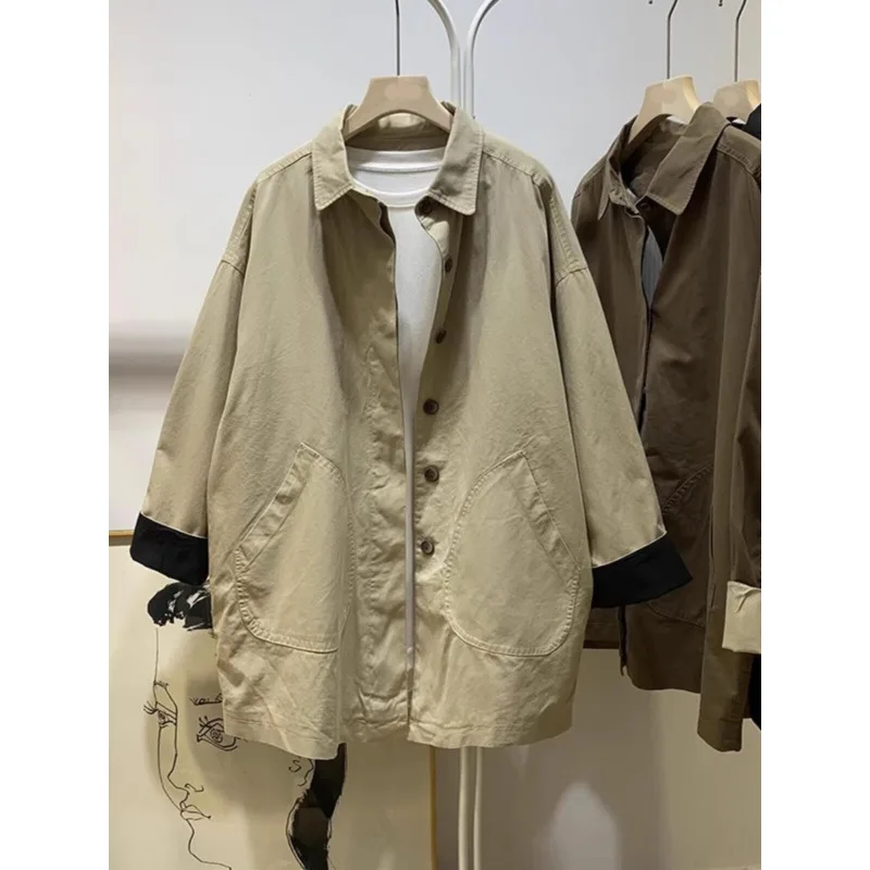 SuperAen Japan Niche Tooling Jacket Women's Spring and Autumn Loose Casual Medium and Long Pocket Trench Coat Top