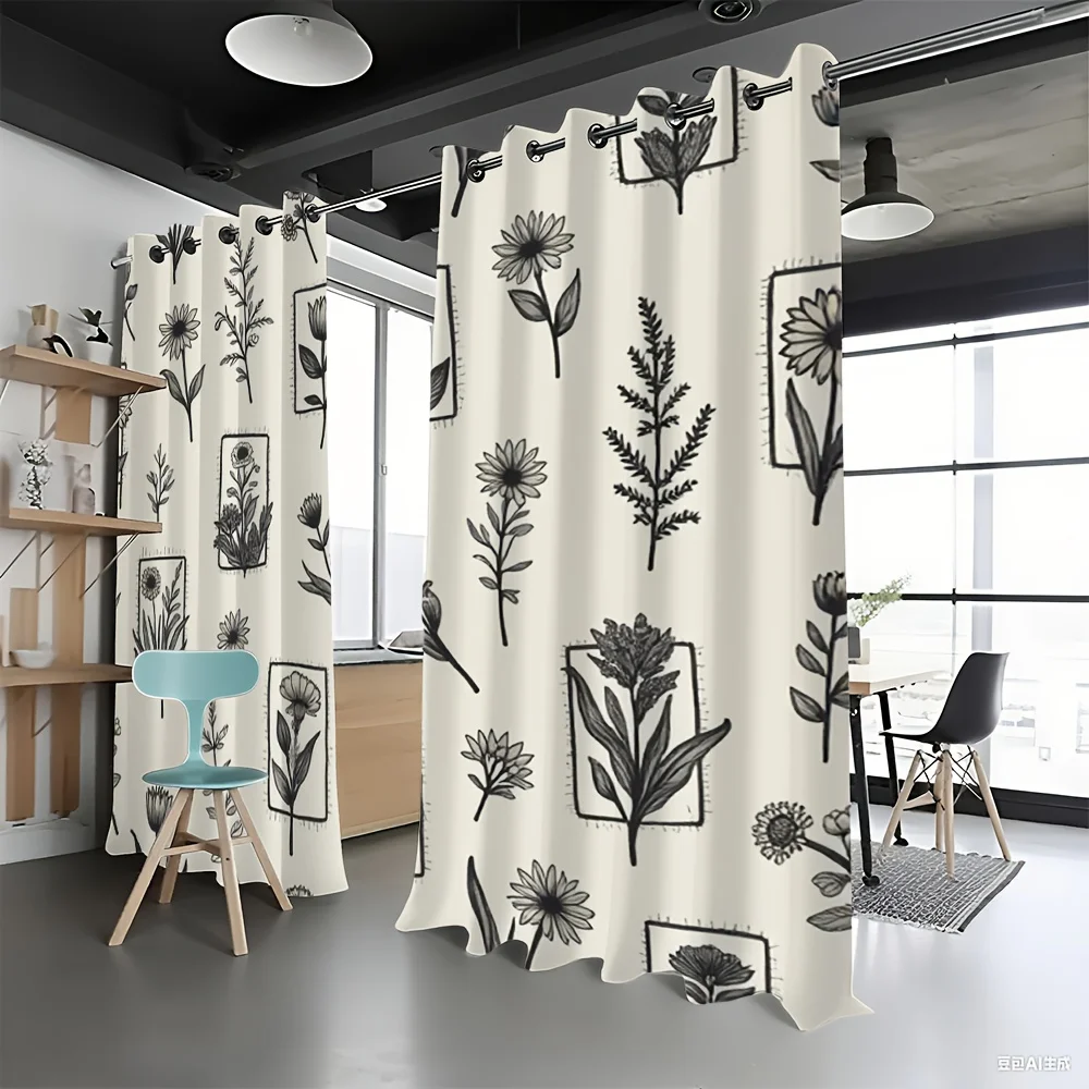 2pc Black and white sketch floral pattern curtains, polyester fabric, machine washable, suitable for bedrooms and living rooms.