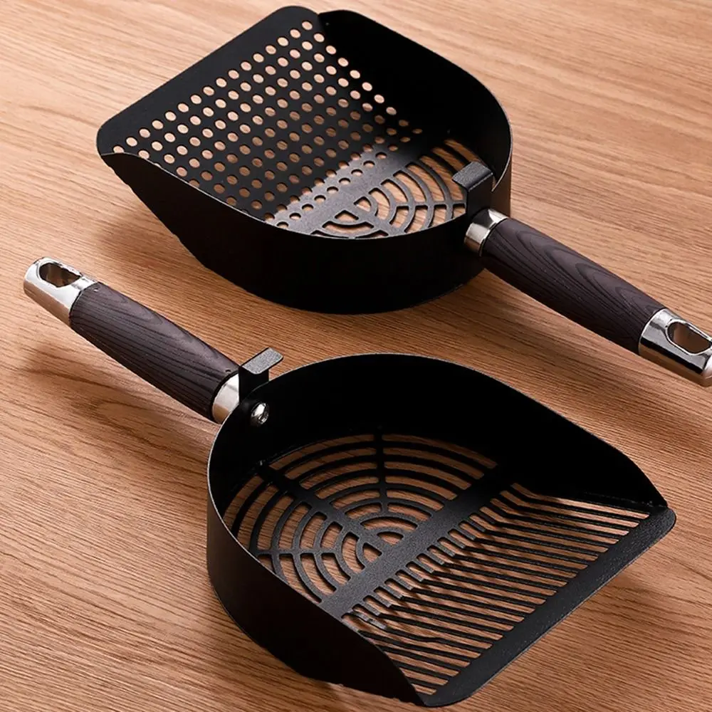 Stainless Steel Cat Litter Scoop Long Handle Deep Shovel Cat Poop Sifting Tool Wood Handle Sturdy Mesh Toilet Garbage Picker