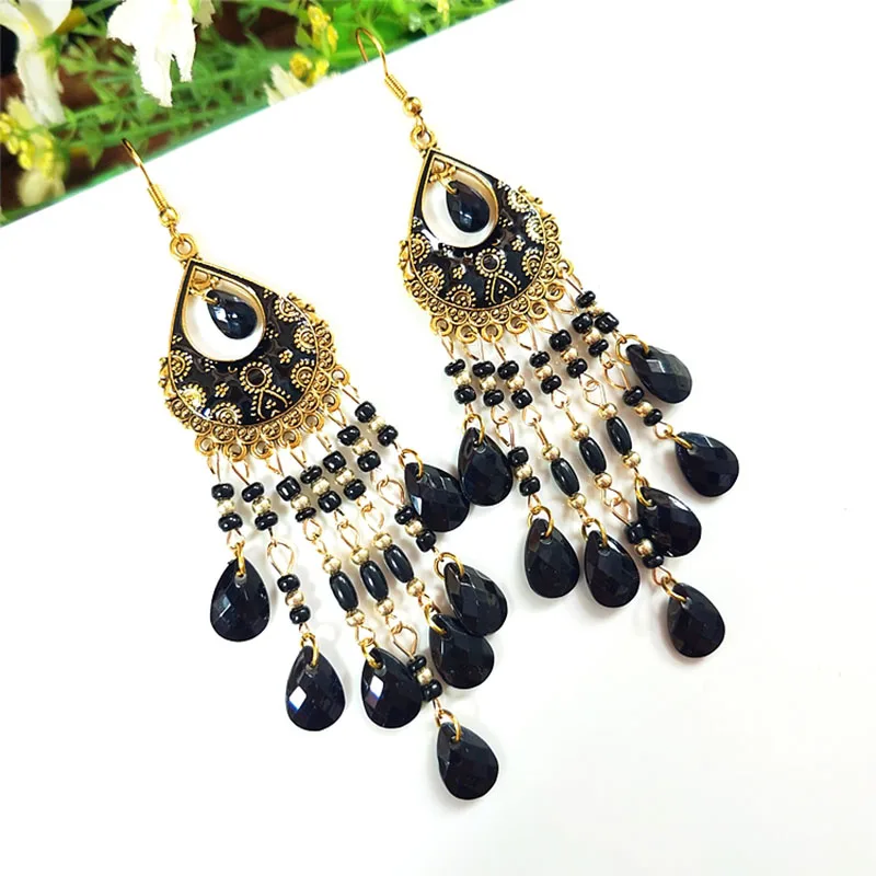 Böhmische lange Acryl-Wassertropfen-Quasten-Ohrringe für Frauen, ethnische mehrfarbige Perlen, Tropfenöl, handgefertigte baumelnde Ohrringe, Boho-Schmuck – Detail 4