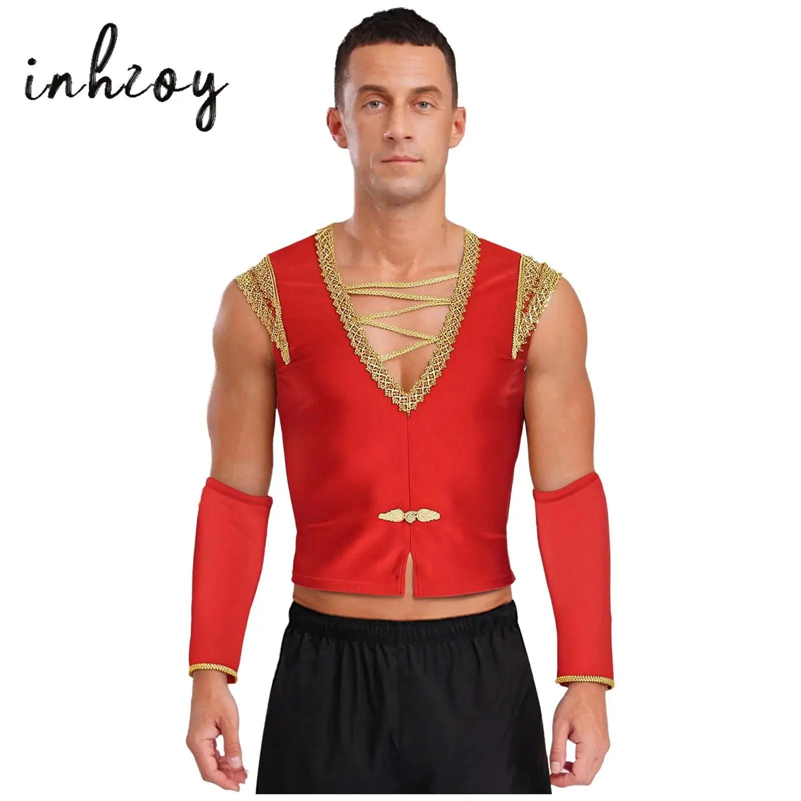 

Mens Arab Prince Vest Medieval Halloween Cosplay Costume V Neck Gold Trim Frog Button Tank Tops Waistcoat+Removable Sleeves 2Pcs