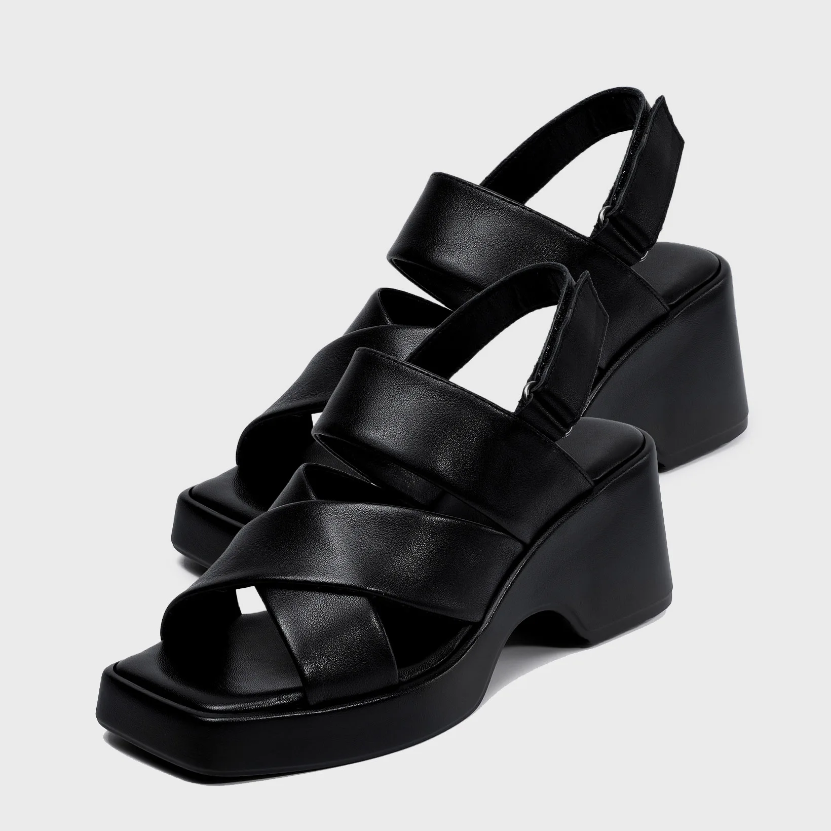 LIHUAMAO Cow leather black Modern sandals high heel women high heel shoes block heel platform open toe lady shoes casual