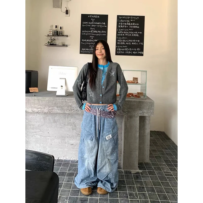YIBASHU Women Blue Gothic Y2k Cargo Jeans Boyfriend Style Vintage Hiphop Grunge Star Jeans Pants Baggy Wide Leg Denim Pants 2026