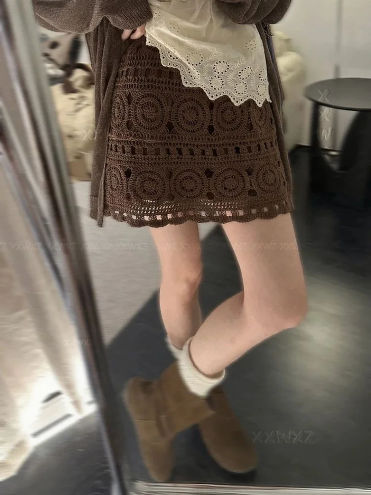 Women Spring Summer Hollow Out Skirt Korean Style Skirt New Fashion Versatile Woven Knitted Skirt