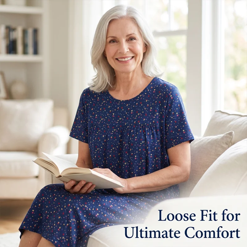 Plus-Size Nightgown, Middle-Aged and Elderly Short-Sleeve Pajamas, Thin and Loose-Fitting Summer Wear for Middle-Aged and Elderl