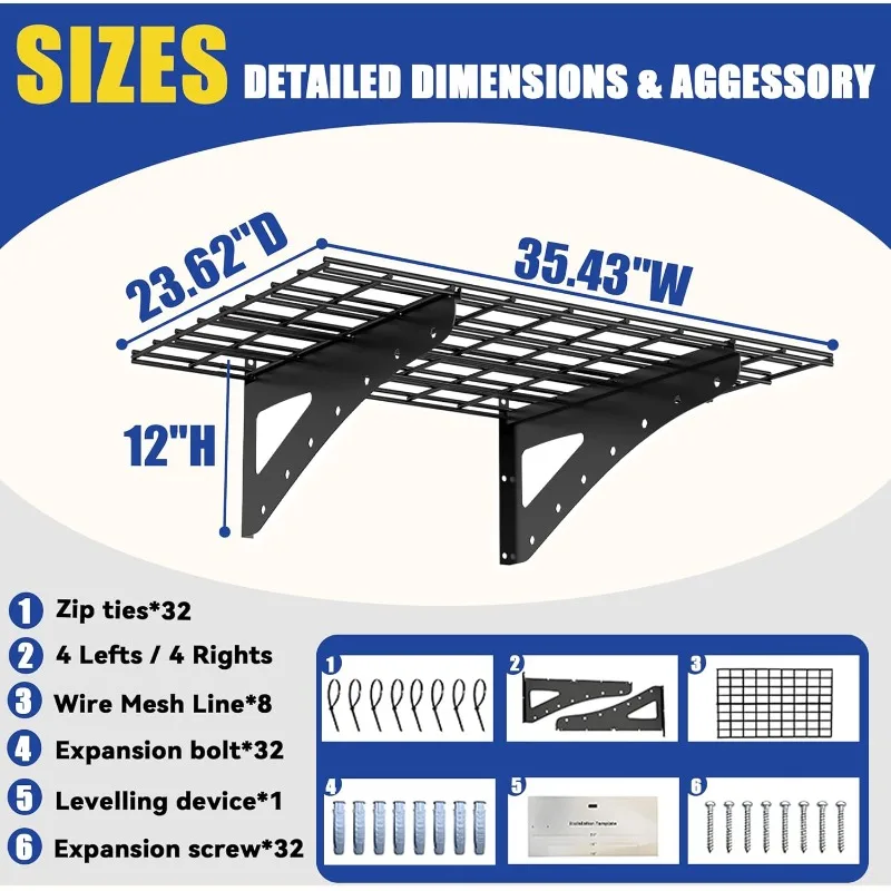 أرفف حائط للمرآب شديدة التحمل مكونة من 4 عبوات مقاس 36 بوصة × 24 بوصة (3 × 2 قدم) تخزين معدني مثبت على الحائط بسعة إجمالية 800 رطل، أسود #3