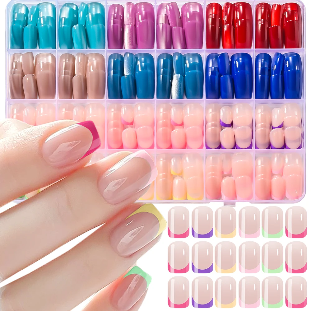 288Pcs Short Square French+Cat's Eye Fake Nails Glossy Solid Color Cat-Eyes Press On Nail Huge Capacity DIY Manicure False Tips