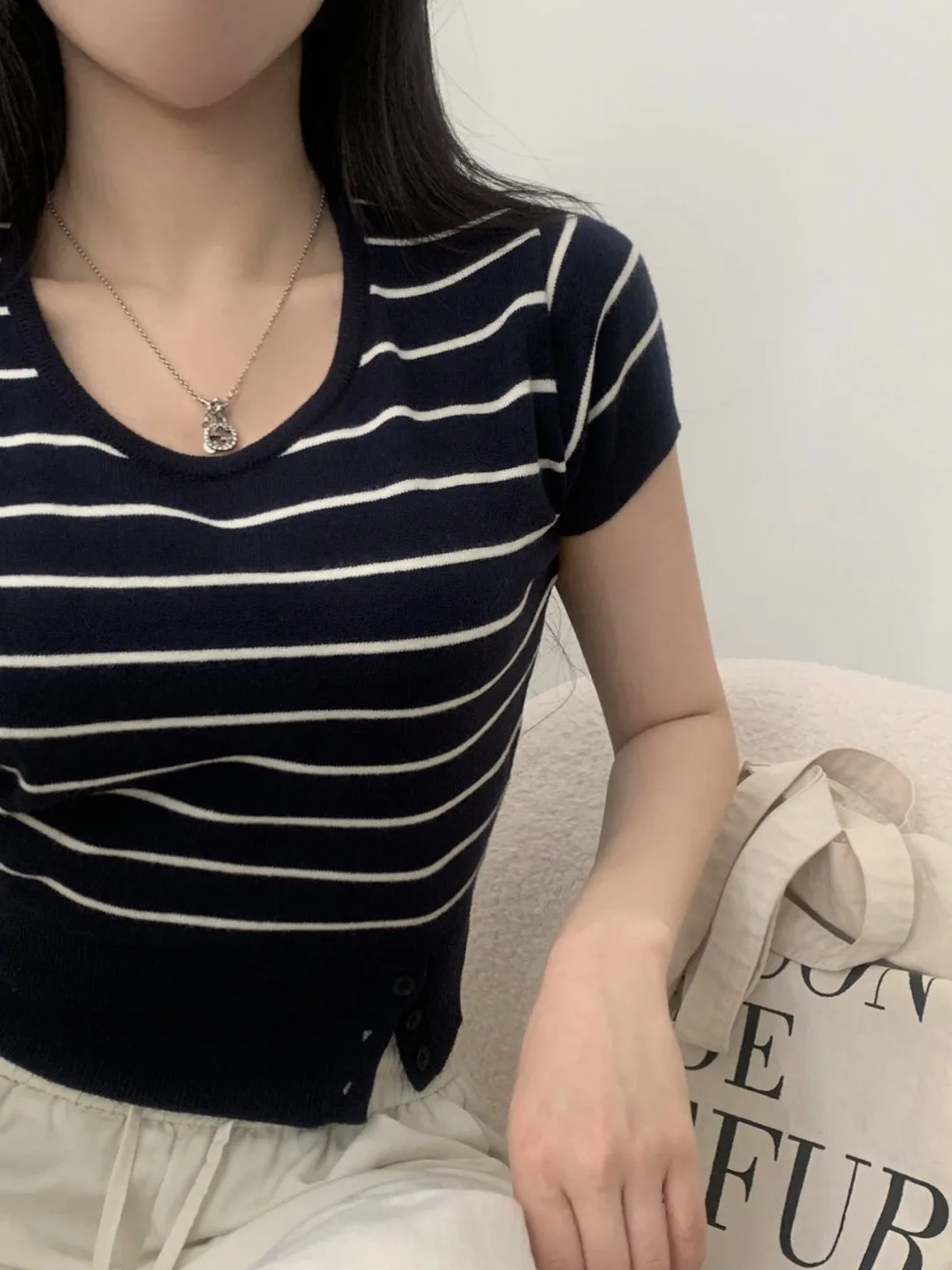 

Chic Summer ort Fit Knitwear Women's round Ne Design Button Split Hemline Casual Commute Sle Viscose Material Striped P...