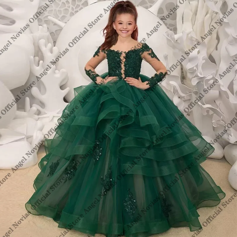 Long Sleeves Green Ball Gown Flowers Girl Dress Quality Fluffy Floor Length for Children Wedding Birthday Party Pageant Customiz