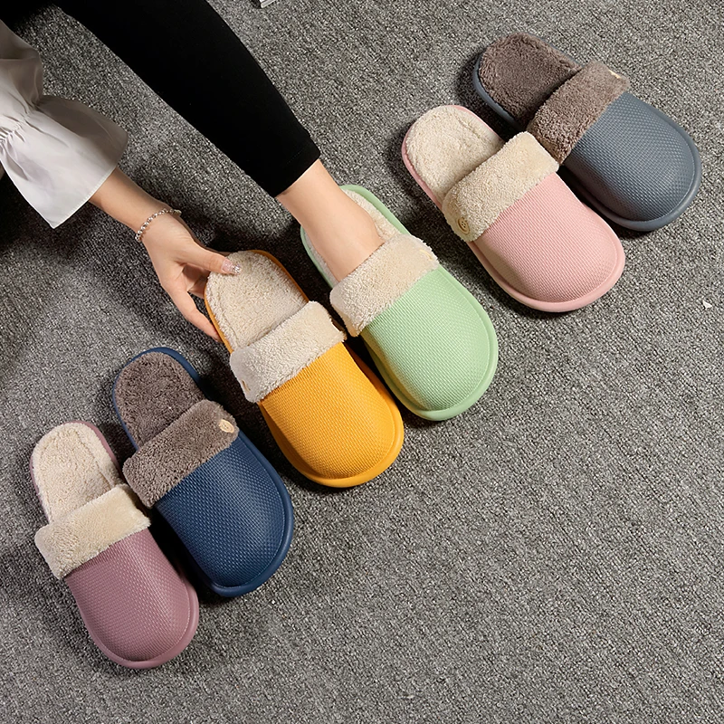 YISHEN Women Slippers Winter Waterproof Cotton Shoes Removable Fleece Lining Slides Home Bedroom Slippers Flats Slippers For Men