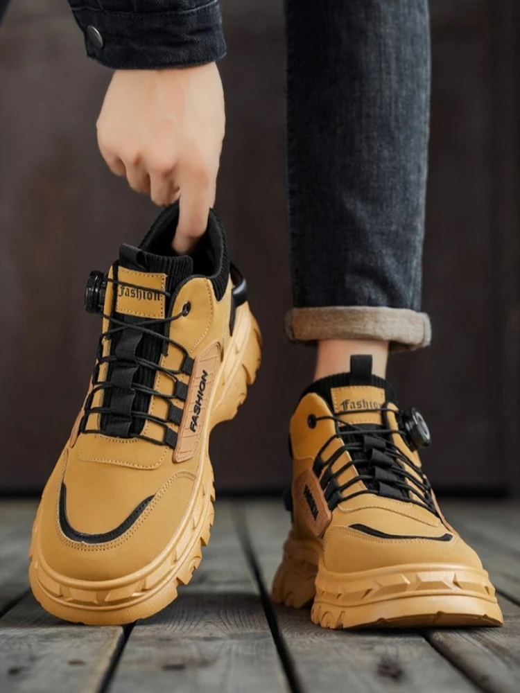 Men's Spring and Autumn Helsea Boots High Top Leather Black Mid Calf Workwear Ankle Boots with Inner Heel Lift Shoes