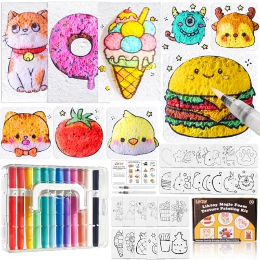 

44Pcs Magic Foam Texture Painting Kit 28Pcs Foam Texture Paper 12 Colorful Brush 2 Water Brushes 3D Effect Texture Painting Set