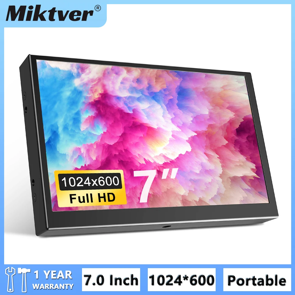 Miktver S701H Metal Housing 7 Inch Mini TFT VGA Screen HD 1024x600 Car Rear View HDMI Monitor AV Video Input 5V/2A USB Power