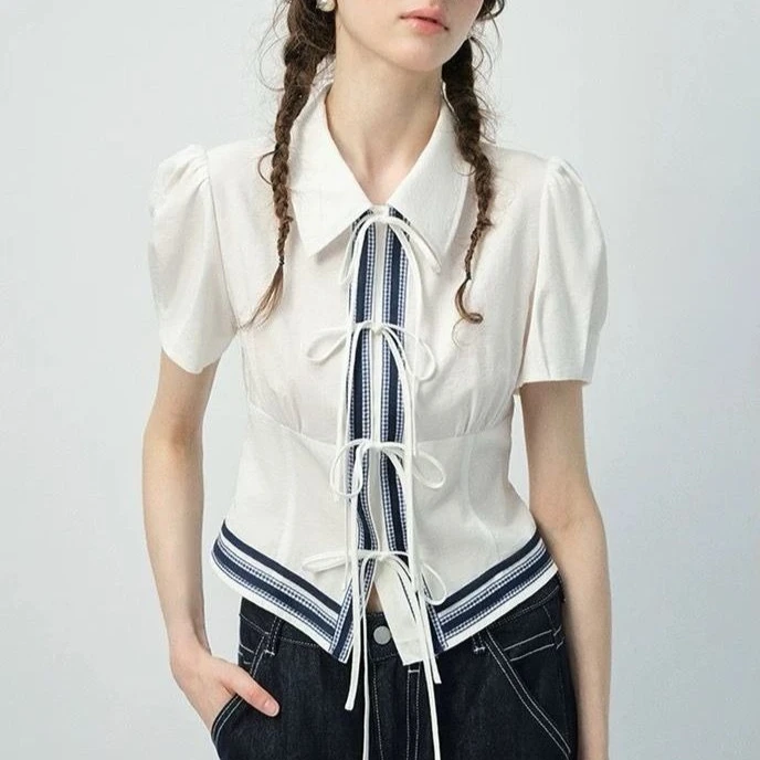 

Navy Strap Shirt Women's Short-sleeved Slim-fit Short Top