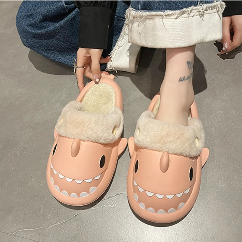 Shark Cotton Slippers Woman Waterproof Winter Indoor Non-slip Slides Plush Home Warm Couple Shark Flip Flops Sandals Flat Shoe