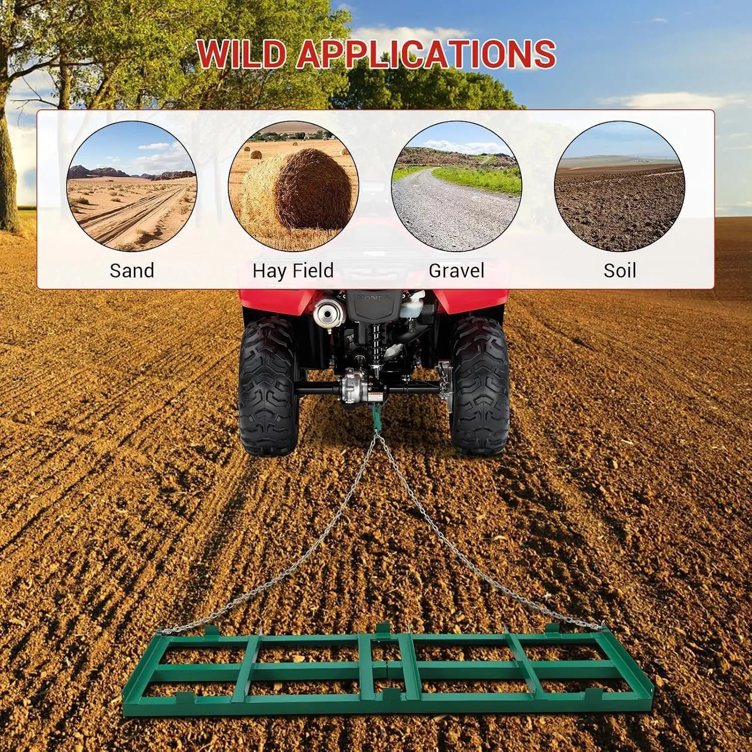 Drag Harrow 96Inch Durable Chain Harrow Tow Behind Rake for ATV, UTV, Mower, Tractor, Landscape Power Rakes wth 4 Ft Heavy Duty Chain, Ground Leveler for Soil, Hay, Gravel