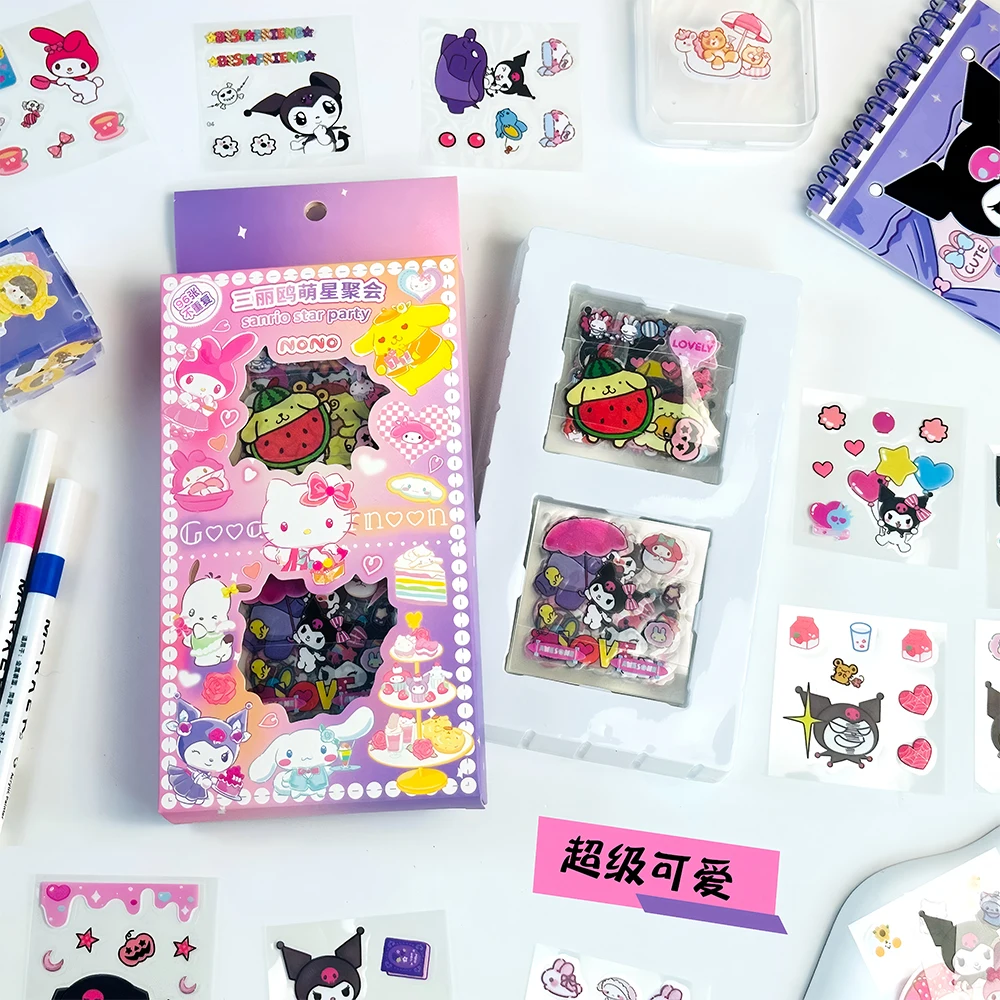 

96pcs/box Transparent Sanrio Anime Stickers Cute Kuromi My Melody Cinamonroll Cartoon Sticker Luggage Laptop Phone Decals Decor