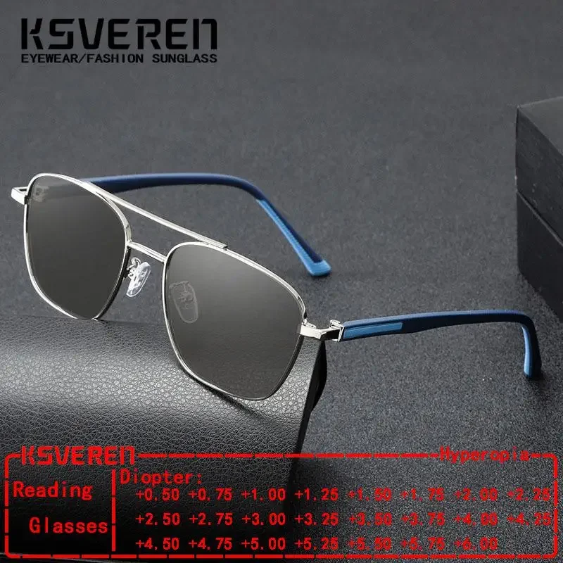 Gafas de lectura Retro ultraligeras de doble puente de Metal, gafas fotocromáticas antiluz azul para hombres y mujeres, gafas graduadas para presbicia