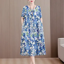 New Casual 2026 Women summer Dress Floral Print short Sleeve Vestidos Elegant Vintage O-Neck Plus size Dresses