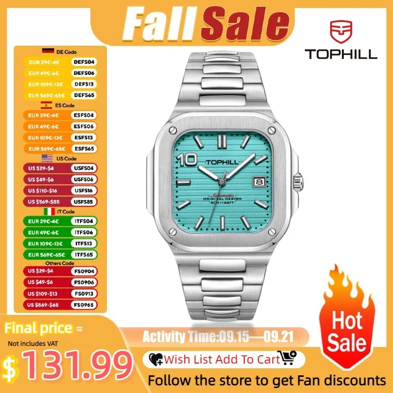 

TOPHILL Automatic Square watch Naut-style Cubitus Ultra-Thin movement Large date 39mm Sapphire 5ATM