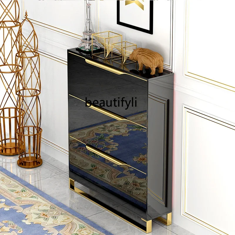 02Light Luxury Ultra-Thin Shoe Cabinet Home Doorway Large Capacity Home Tilting Narrow Door Simple