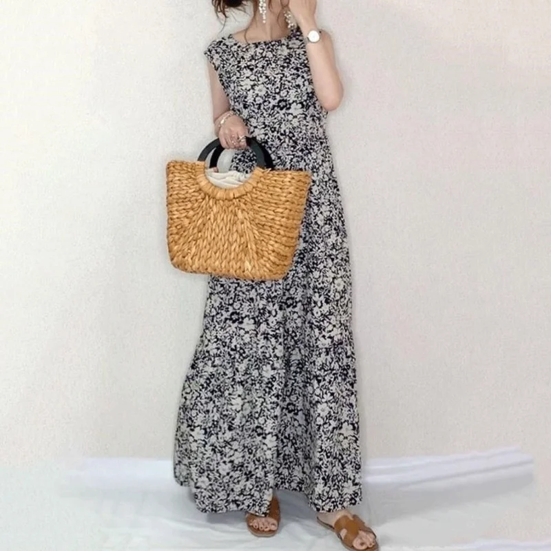 Kuzuwata Round Neck Ruffle Sleeve Flower Print 2024 Summer New Dress Women Fashion Lady Vestidos Loose Casual High Waist Robe