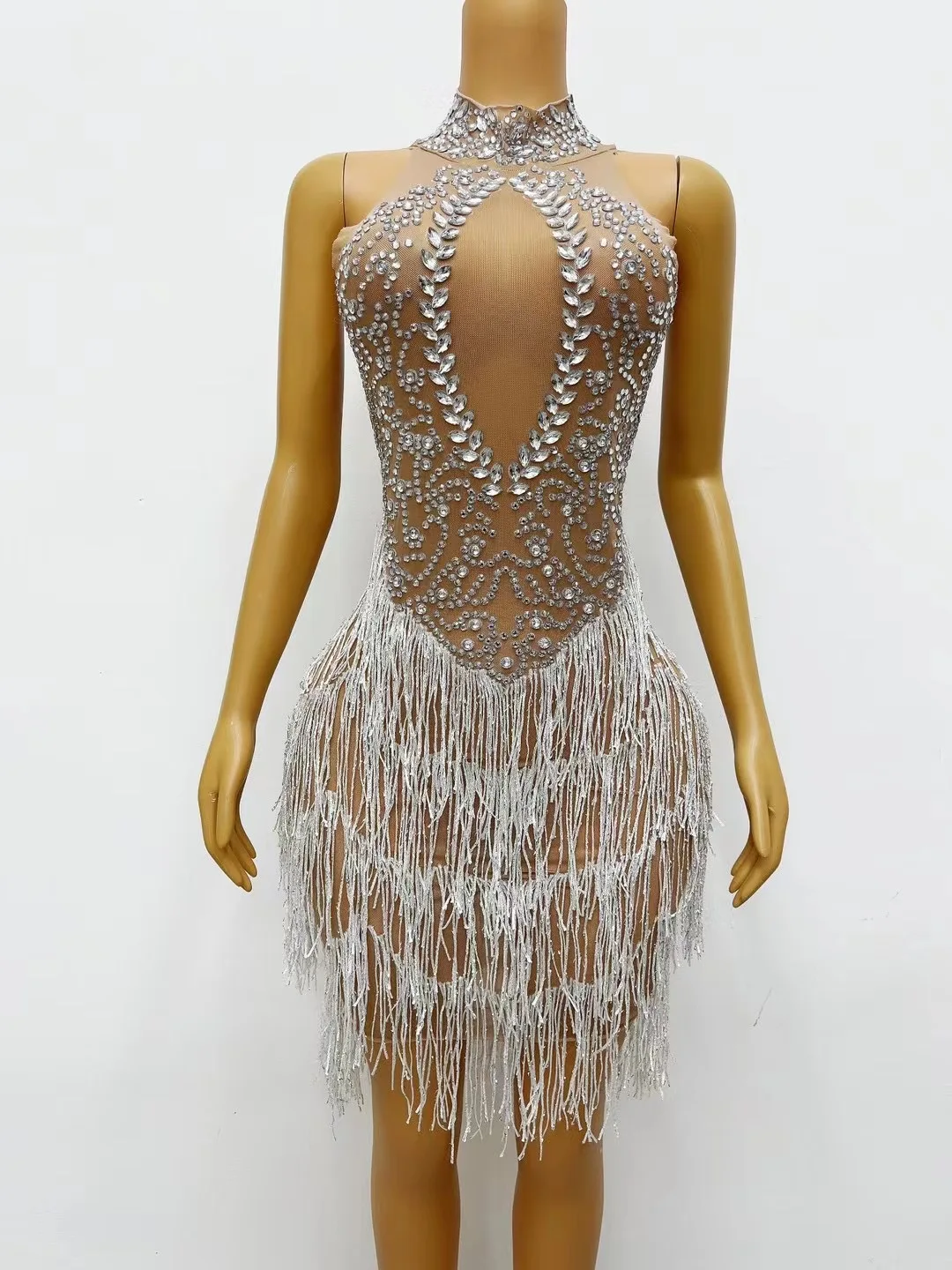 

Sexy Sparkly Rhinestones White FringesSleeveless Dress Women Costume StagePerformance Wear Dance Singer xuerong C094