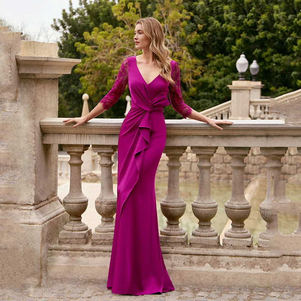 Vestido de sirena rosa fucsia para madre de la novia, vestidos de fiesta para mamá, novio, cuello en V, manga 3/4, encaje elástico, vestido de invitados de boda