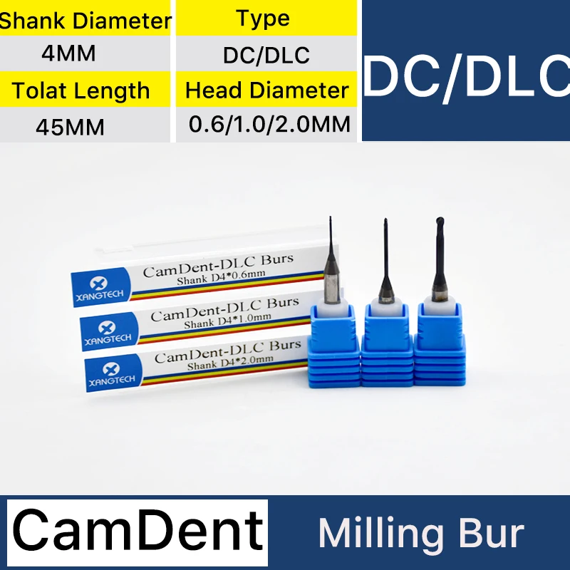 XANGTECH-fresas de fresado CamDent DC/DLC, materiales dentales, cabezal de diámetro 0,6/1,0/2,0mm para bloque de circonita