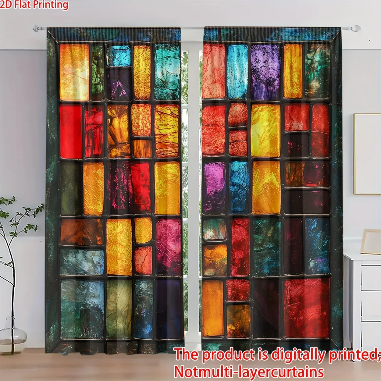 Vintage Stained Glass Window Curtain 2 Panels, Bright Multicolor Square Block Print Dark Frame Tone Bedroom Home Decor Curtain