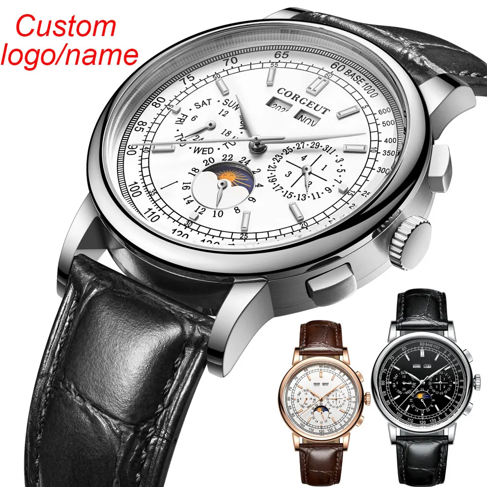 DIY Custom LOGO men\'s mechanical watch White Dial 316L case moon phase calendar Multifunction leather strap Automatic Male watch