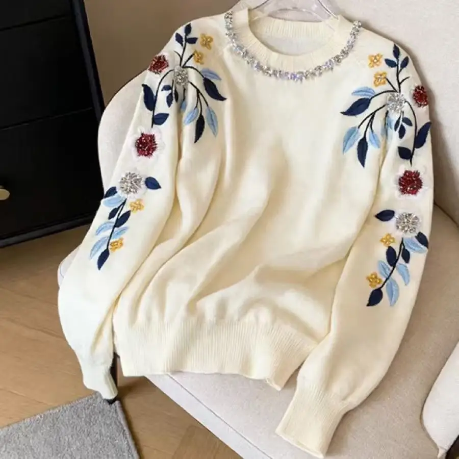 Blumen-Stickerei Kristallsteine Strickpullover für Damen Frühling/Herbst/Winter Strickoberbekleidung Strickwaren Pullover Damenkleidung