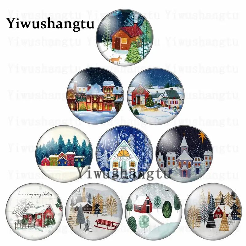 A house on a snowy day christmas tree 10pcs mixed 12mm/20mm/25mm/30mm photo glass cabochon demo flat back Making findings