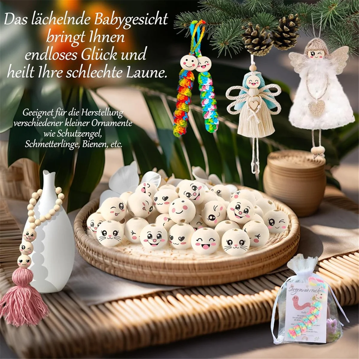 ลูกปัดไม้8แบบสำหรับหน้ายิ้ม20มม. ลูกปัดไม้ธรรมชาติลูกปัดกลมมีรูแพ็ค80ชิ้น