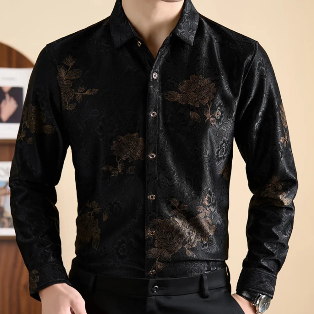Flower Shirt Men Business Casual Office Shirt Print Velvet Shirt Club Party Long Sleeve Shirt Men Chemise Homme Shirts Men Dress