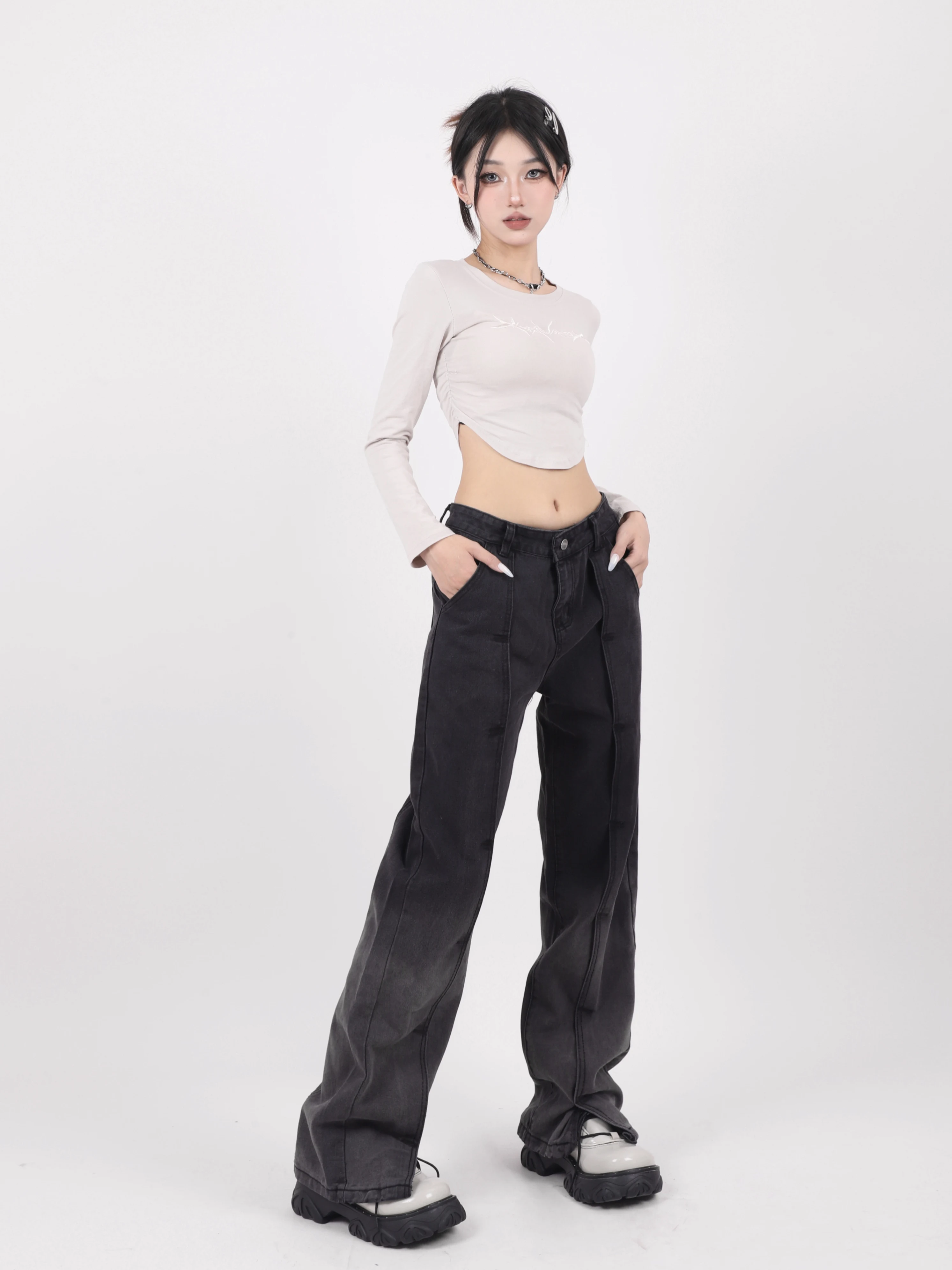 WCFCX STUDIO Retro Gradient Jeans Women's Autumn New High Waist Loose Wide Leg Pants Look Thin Versatile Straight Mopping Pants