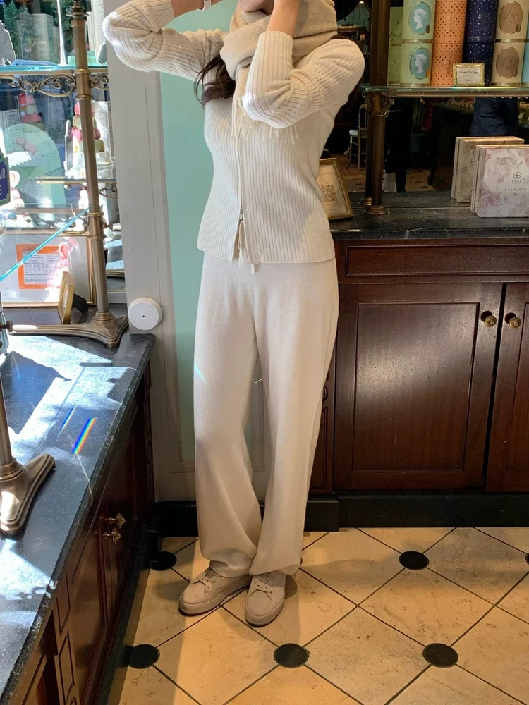 

Вязаный комплект из свитера и брюк: женский облегающий кардиган на молнии и брюки с широкими штанинами, модная осенняя коллекция