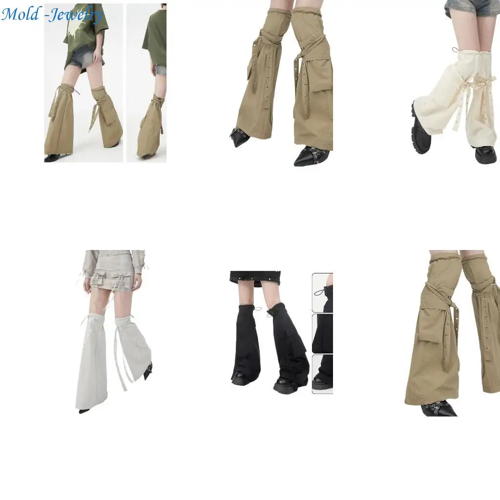 

69HB Fashion Harajuku Drawstring Leg Covers with Pocket Vintage Eyelets Strap Punk Flared Long Socks Leg Warmer for Women