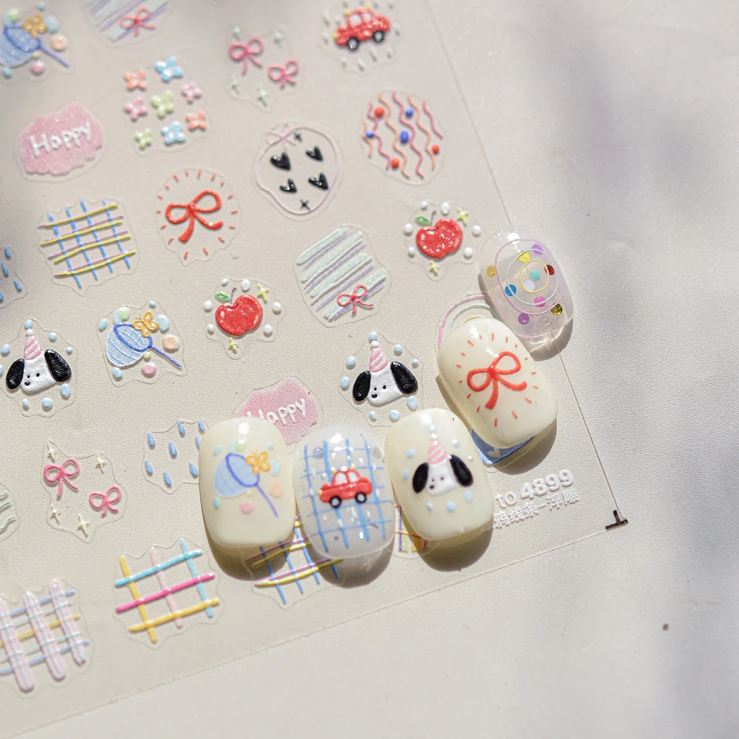 Cute Animals Bear Dog Cake Sweet Cherry Grid Bowknot Star Line Fruit Relief Self Adhesive Nail Art Stickers 5D Manicure Decals